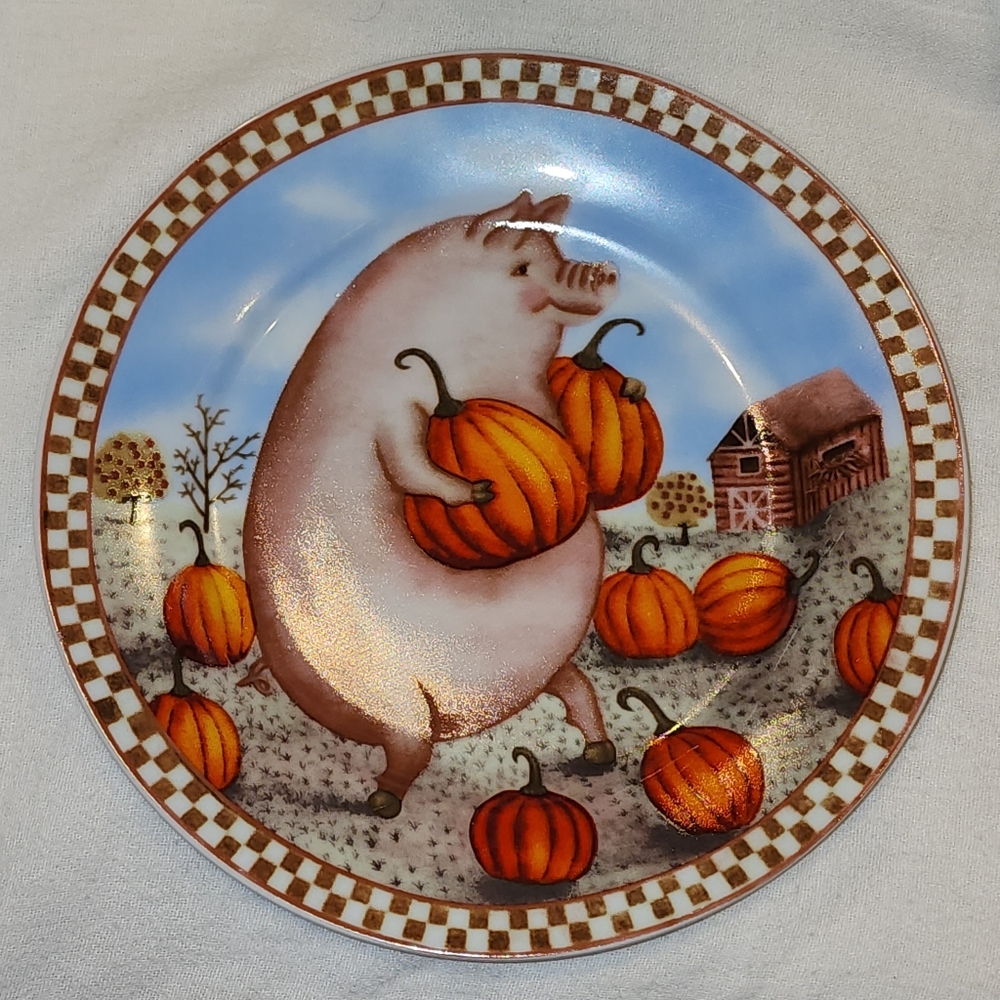 Decorative Plate Fall Pig Carrying Pumpkins